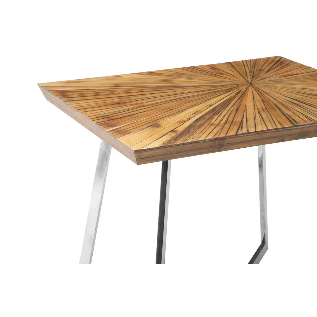 Rectangular wooden dining table with sunburst top and angled metal legs
