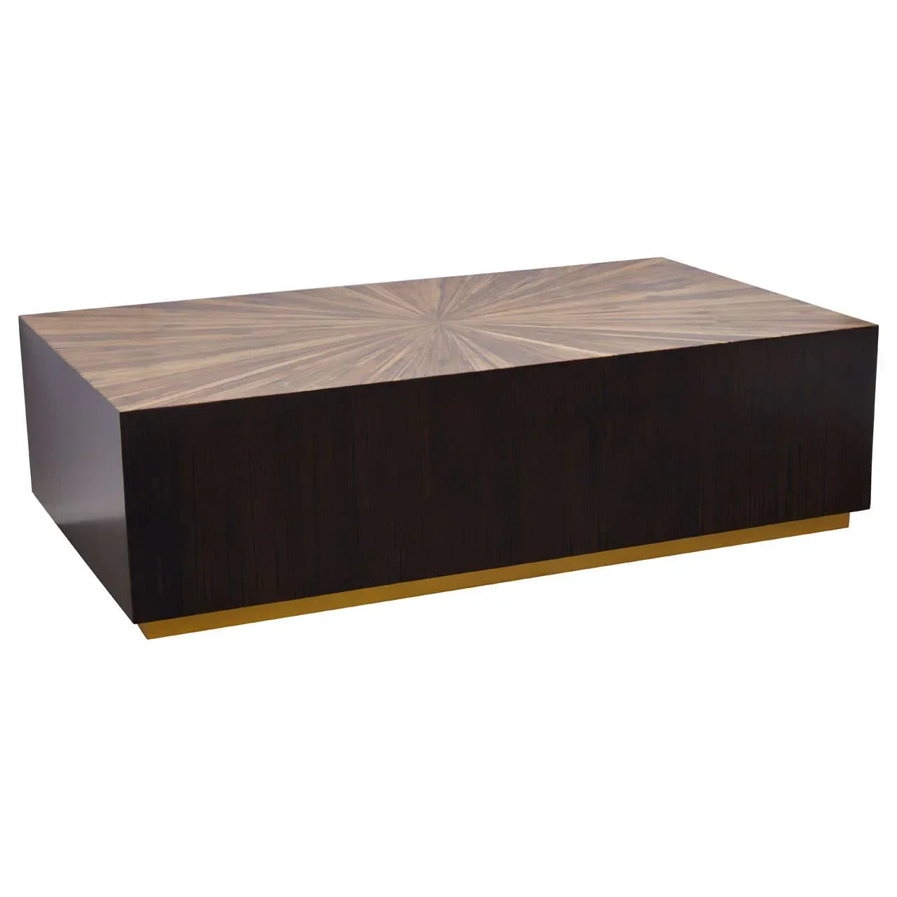 Rectangular wood coffee table with starburst pattern top and gold base accent