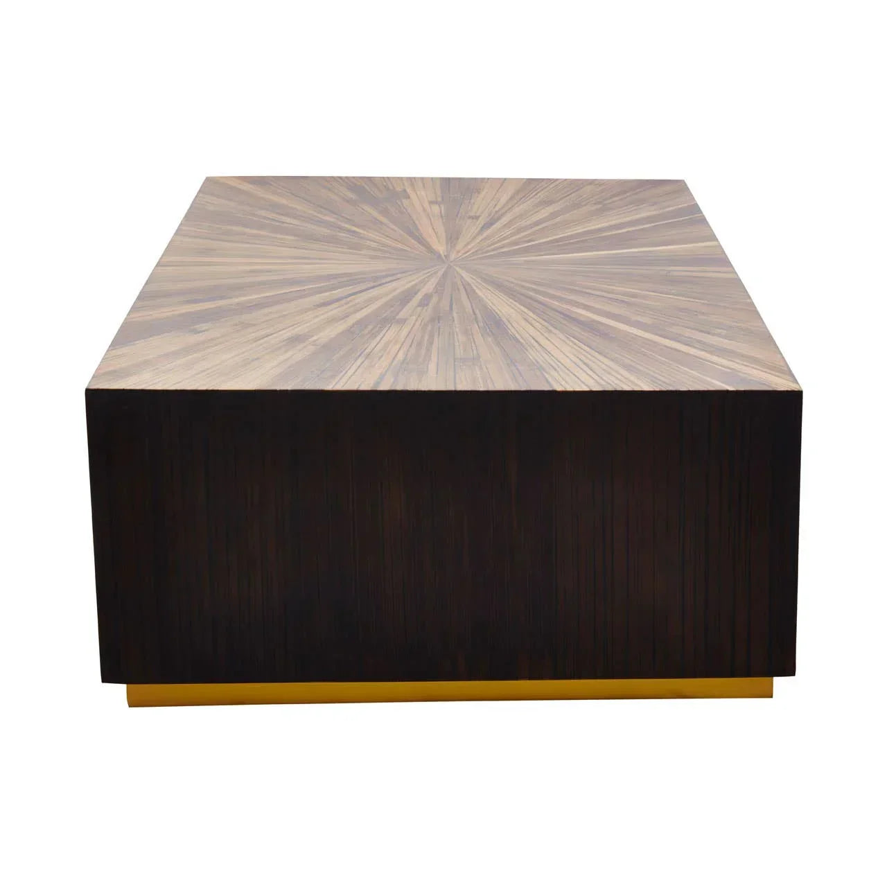 Square wood coffee table with sunburst pattern top and black sides on gold base