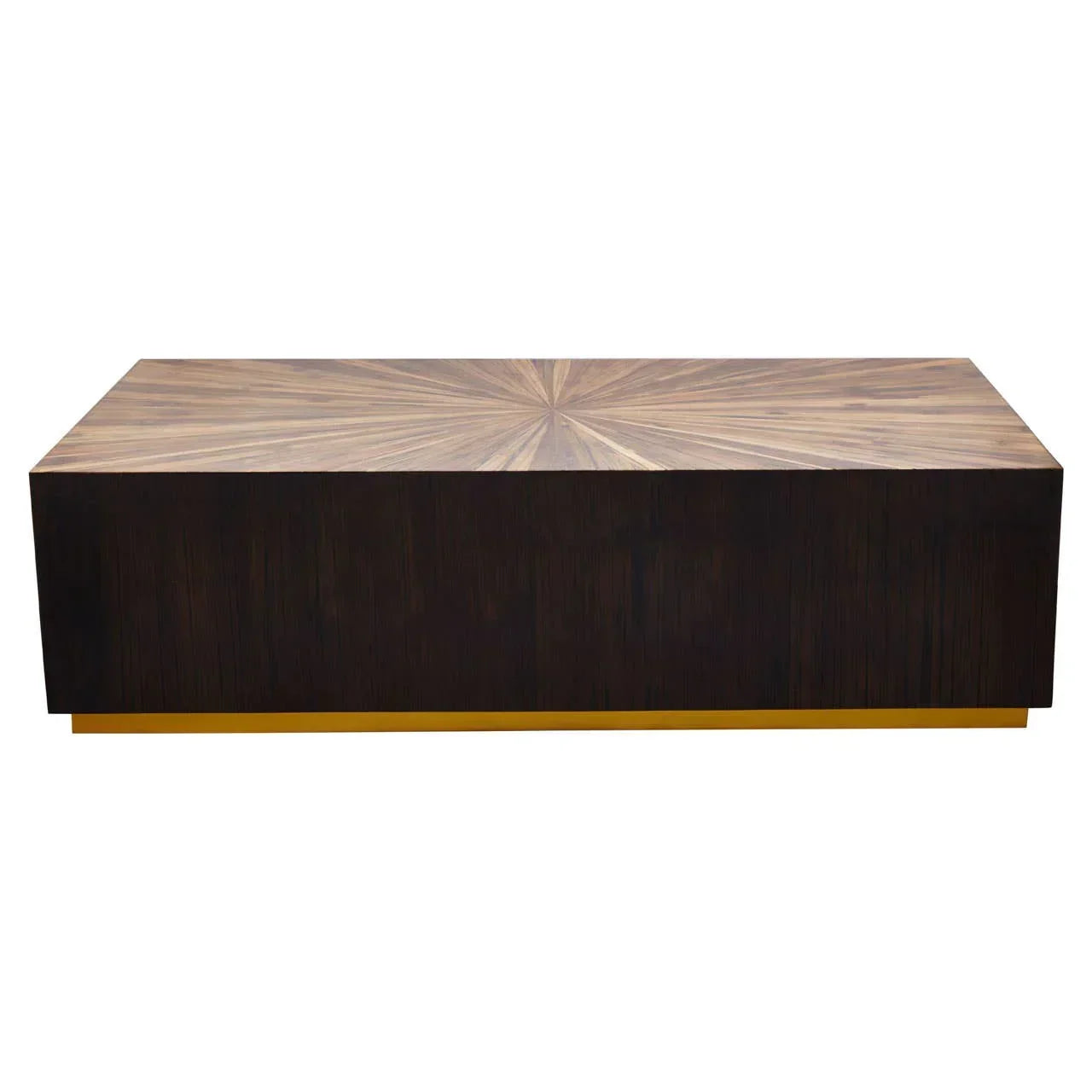 Rectangular wooden coffee table with sunburst veneered top and dark sides