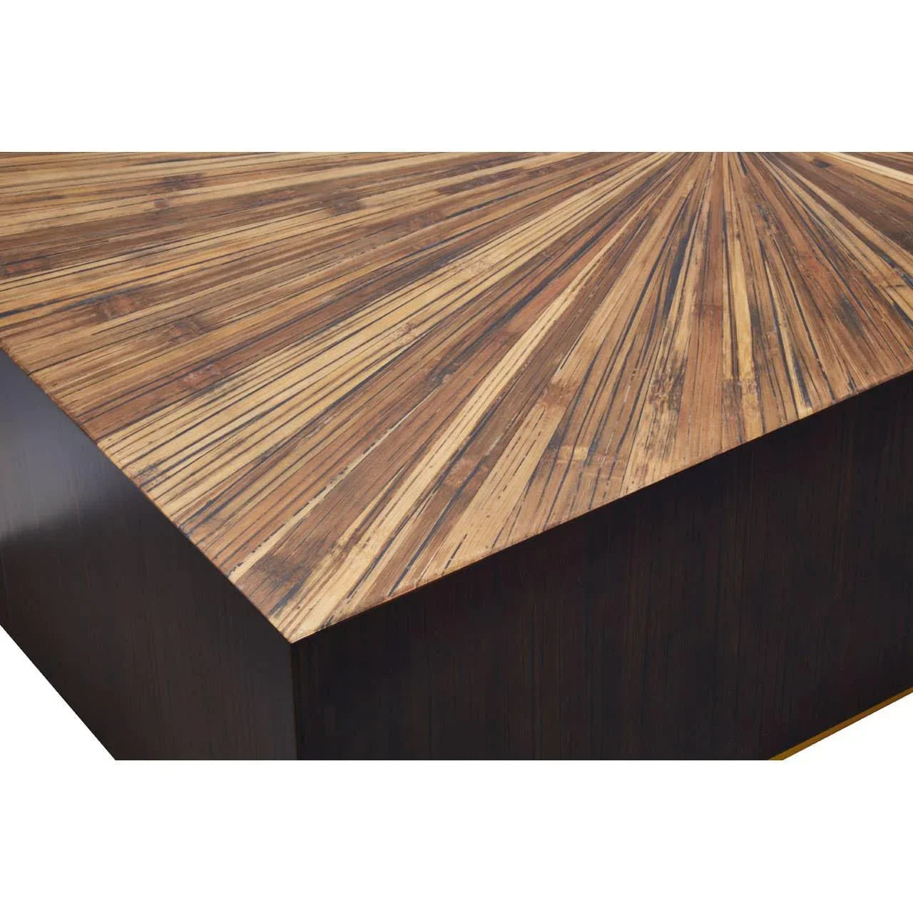 Rectangular wooden coffee table with sunburst pattern top and dark finished sides