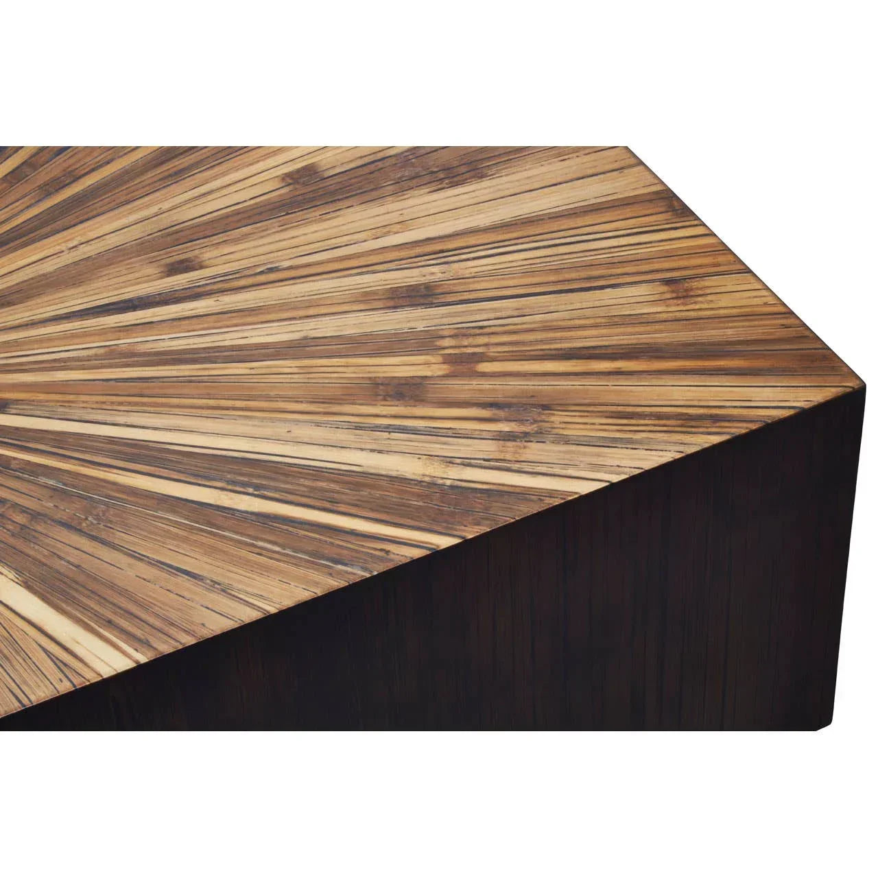 Rectangular coffee table with sunburst wood veneer pattern and dark angled edges