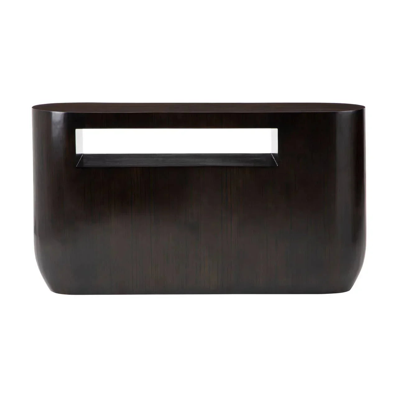 Dark wood console table with rounded edges and open shelf, front view