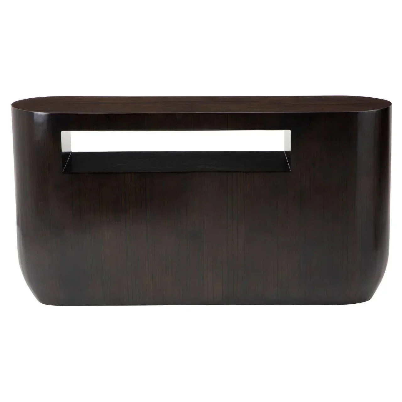 Dark wood console table with rounded edges and open shelf, front angle view
