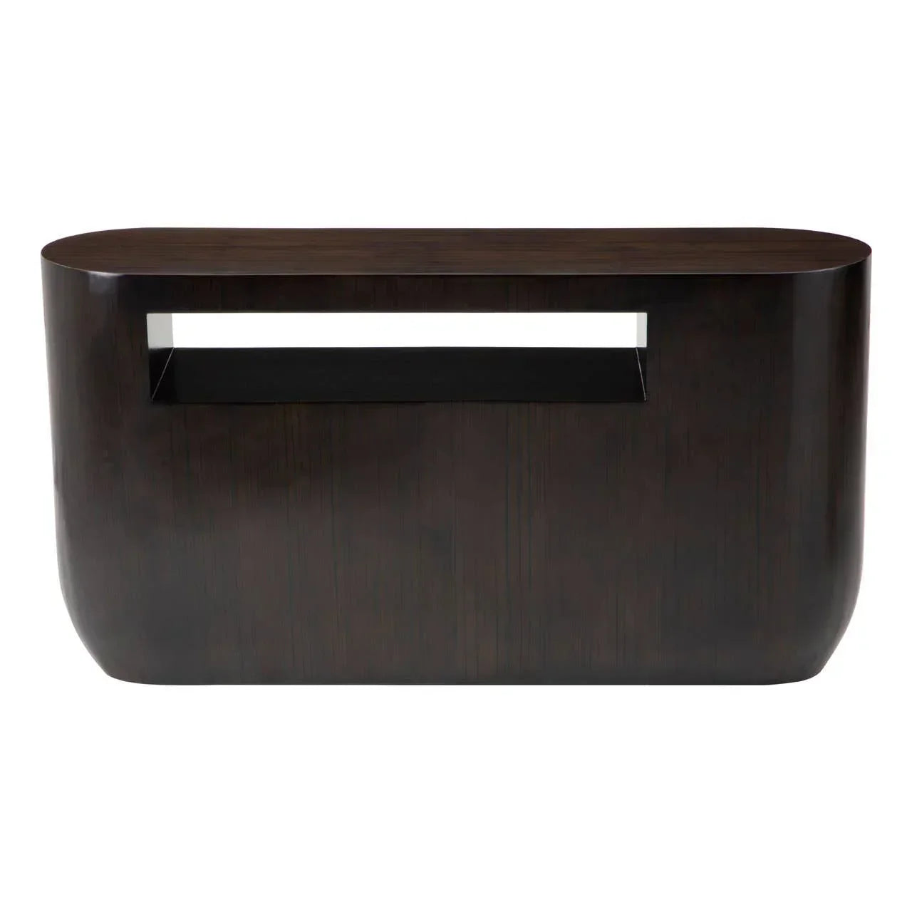 Dark wood console table with rounded edges and open rectangular shelf front view