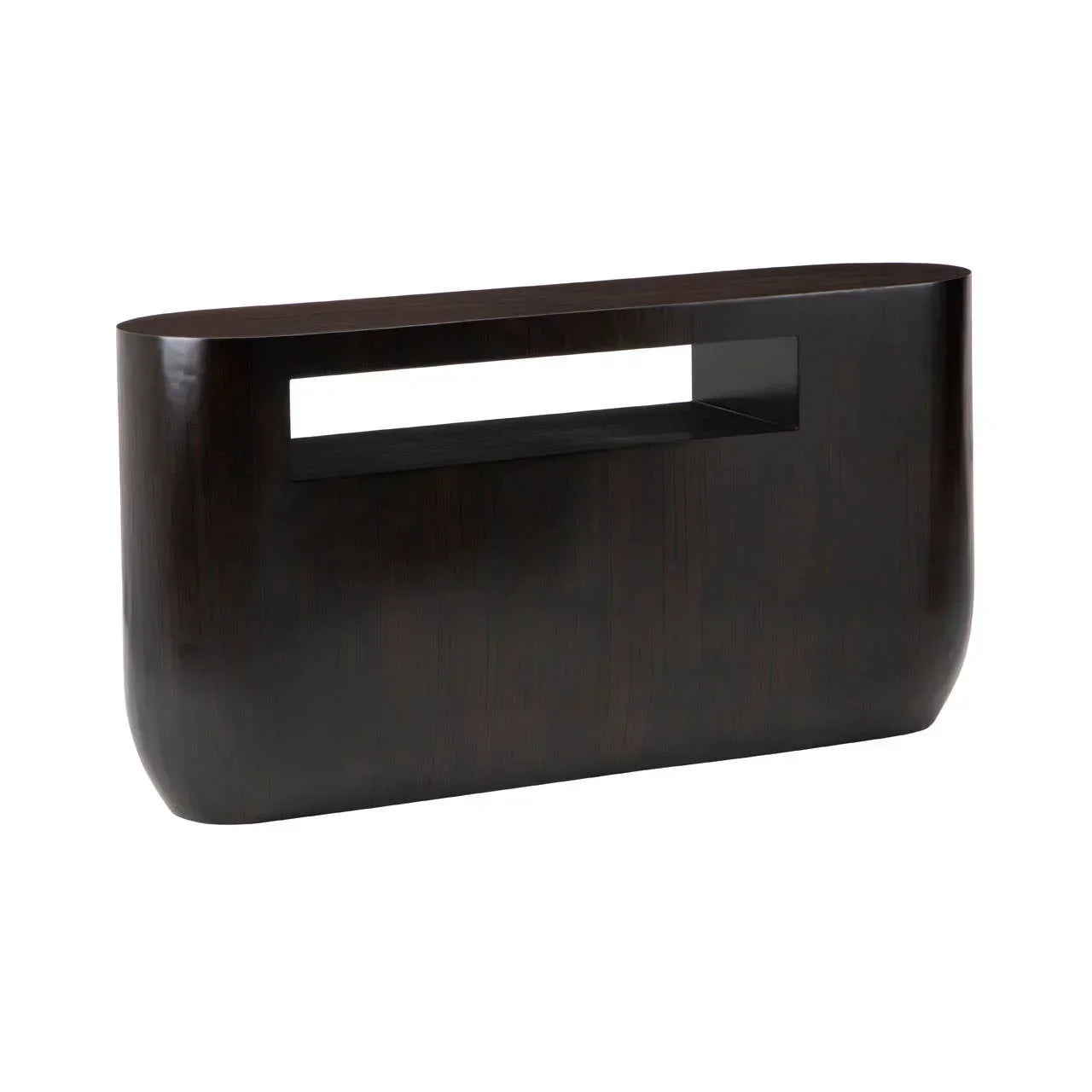 Dark wood console table with rounded edges and open rectangular center panel