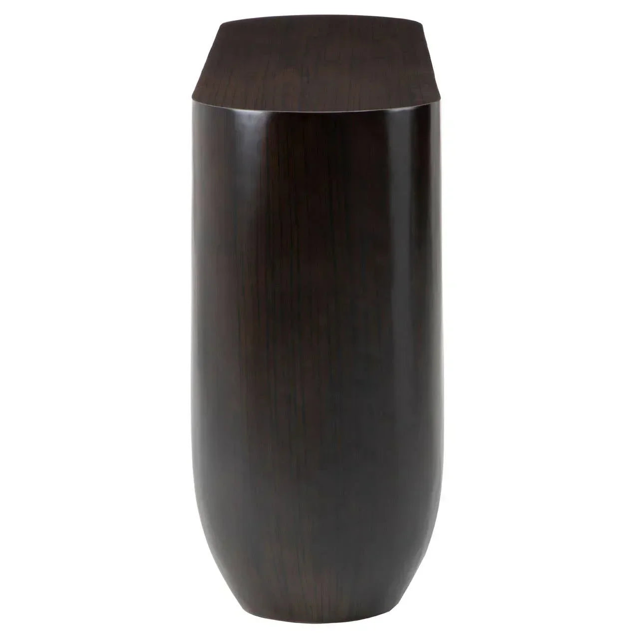 Dark wood side table with smooth curved edges and modern minimalist design