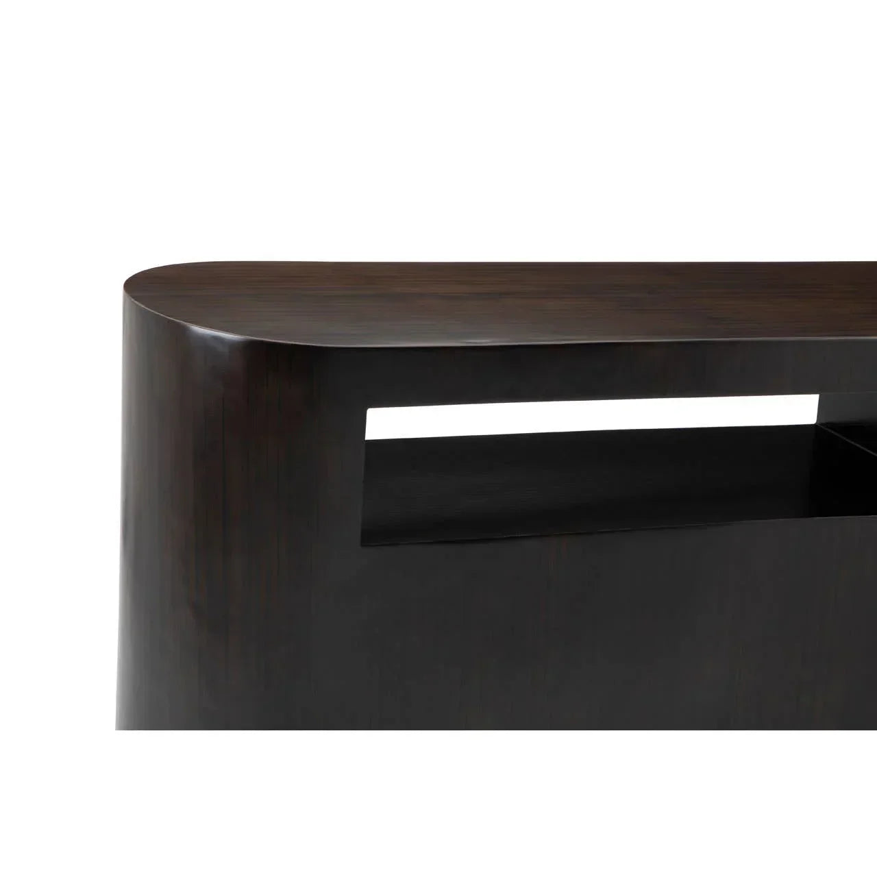 Dark wood console table with rounded edge and open shelf section, side angle view