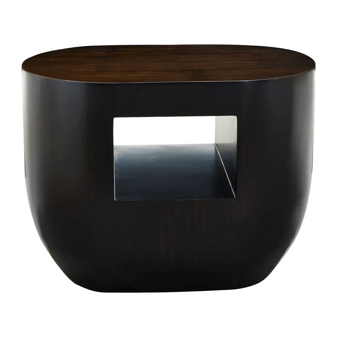 Dark wood side table with oval top and open storage shelf, front view