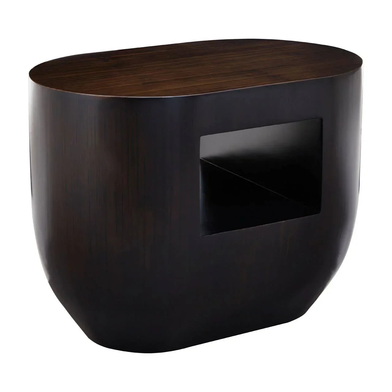 Dark wood side table with rounded edges and open shelf compartment