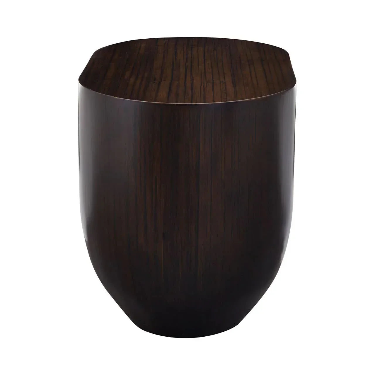 Dark wood side table with rounded shape and smooth finish, viewed from the front