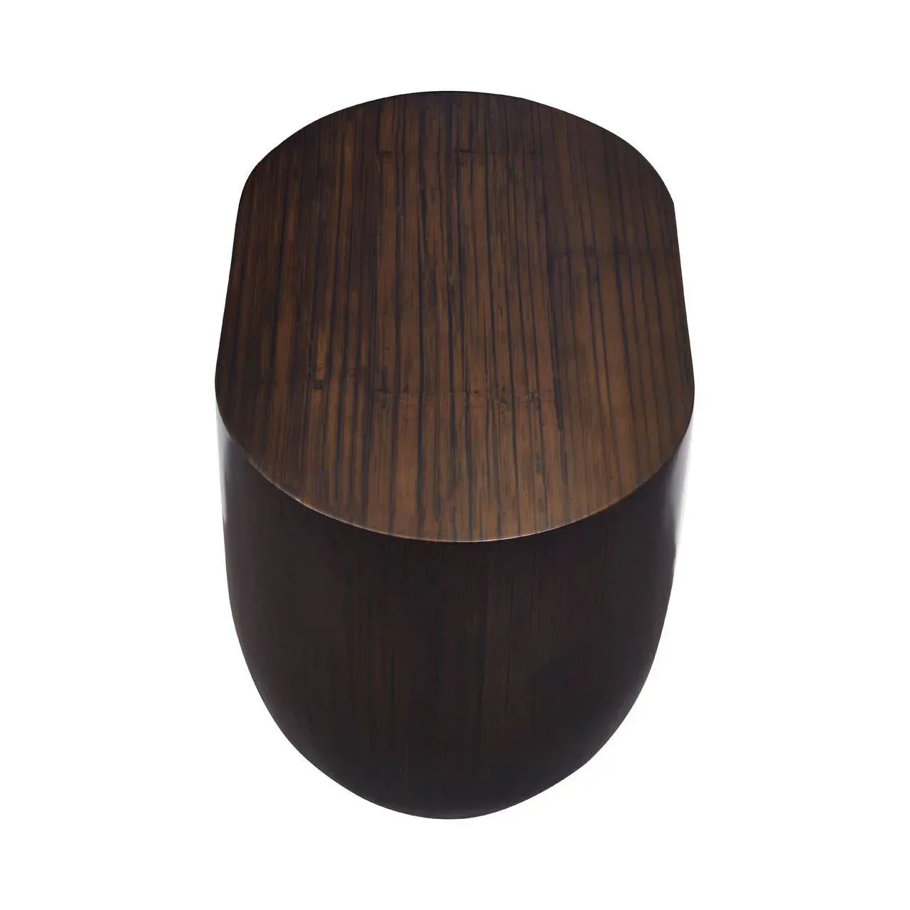 Dark wood side table with rounded oval shape and smooth finish, top view