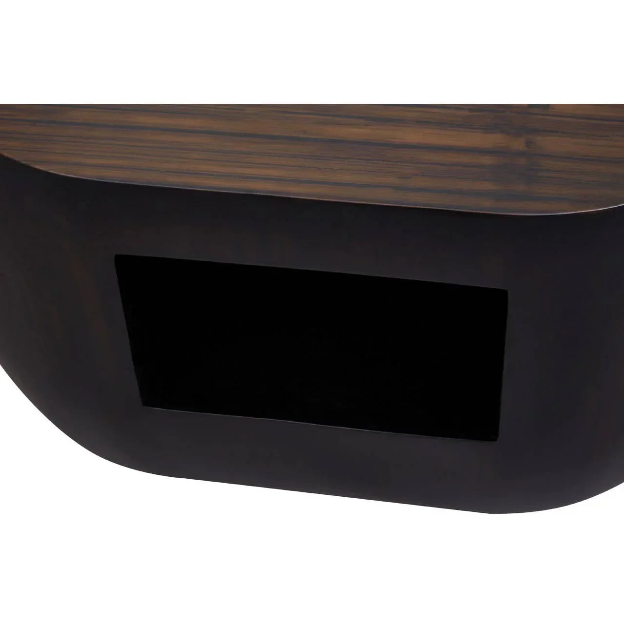 Close-up of wooden coffee table with open storage compartment and dark metal finish