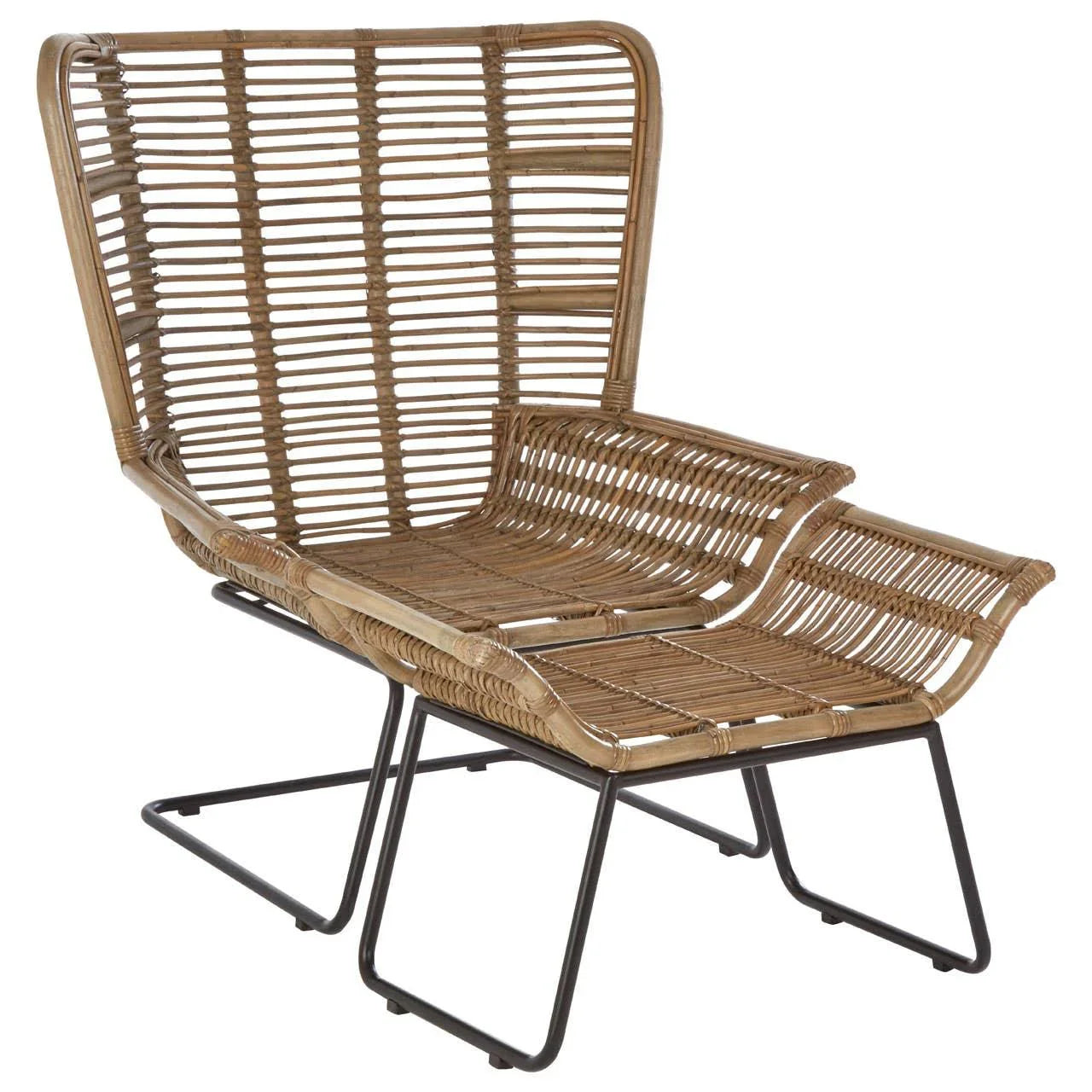 Brown rattan armchair with high back and black metal legs