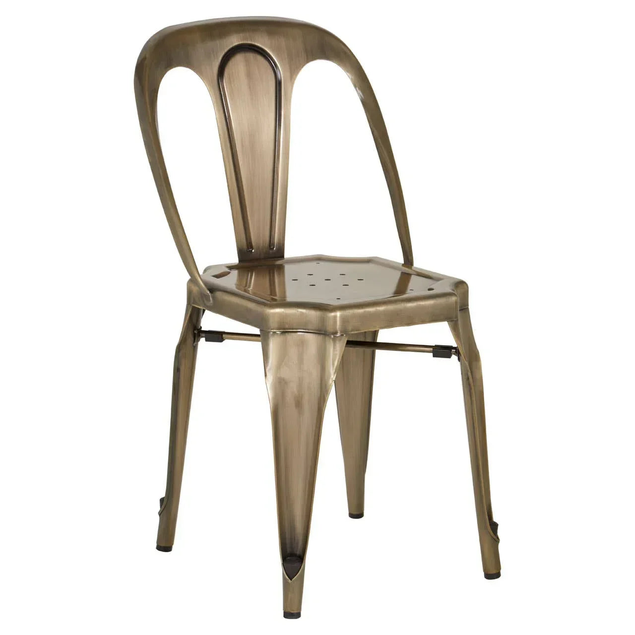 Bronze metal dining chair with curved backrest and cutout detail, side view