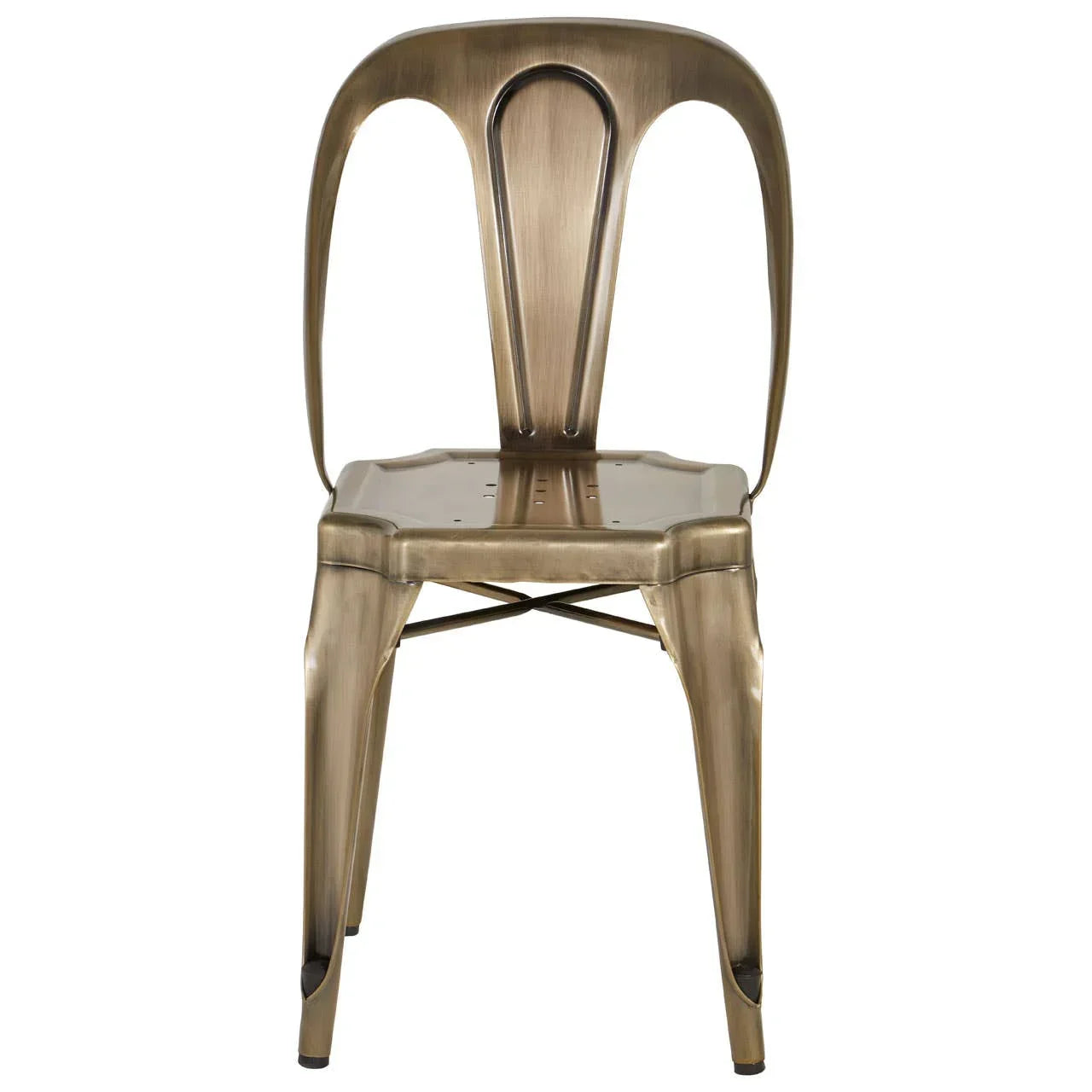 Industrial metal dining chair with brushed bronze finish, front angle view
