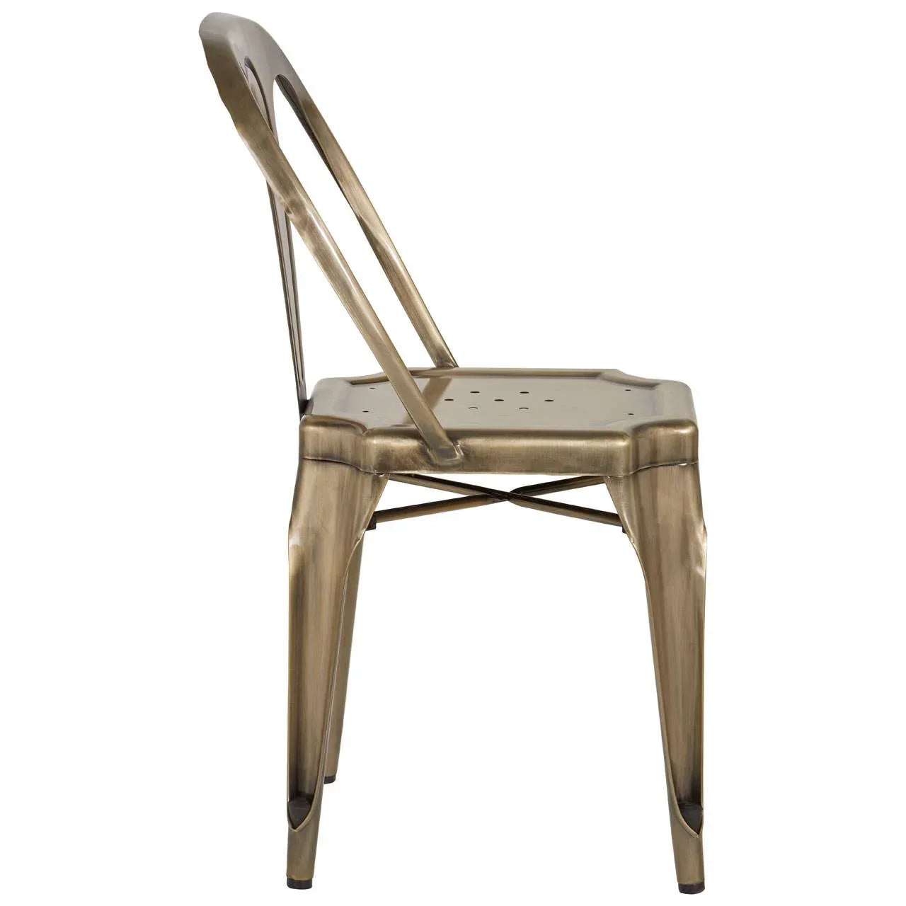 Side view of metal dining chair with curved backrest and industrial bronze finish