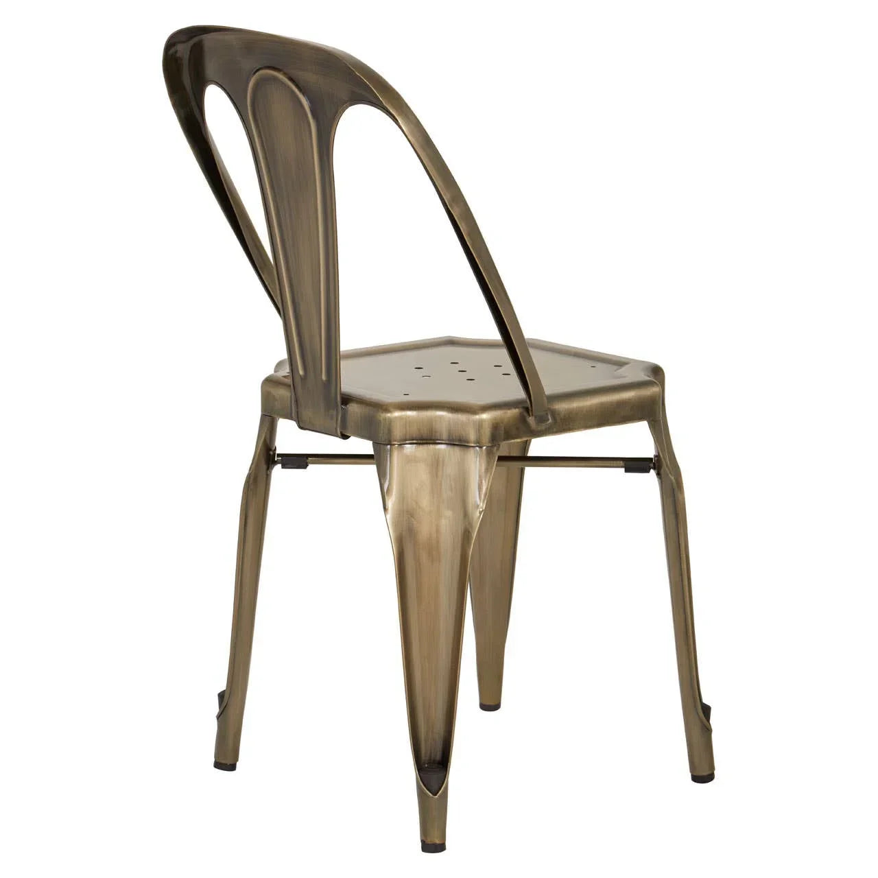 Industrial metal dining chair with curved backrest and brushed bronze finish, rear view