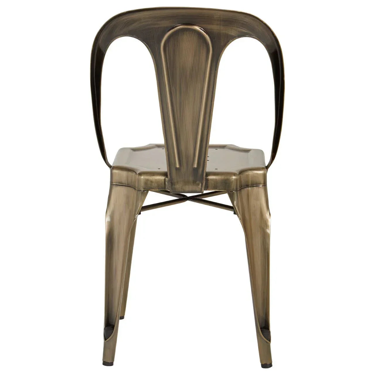 Brushed metal dining chair with curved backrest and industrial style, rear view