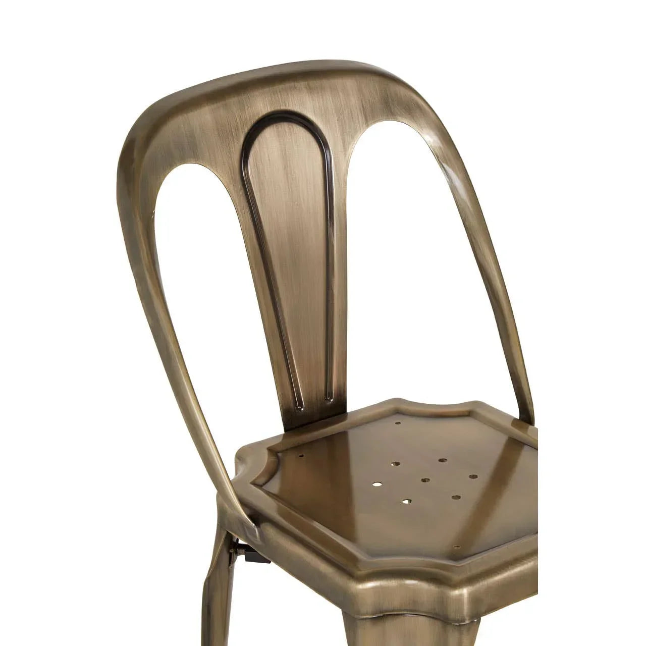Brushed metal dining chair with perforated seat and curved backrest, close-up view
