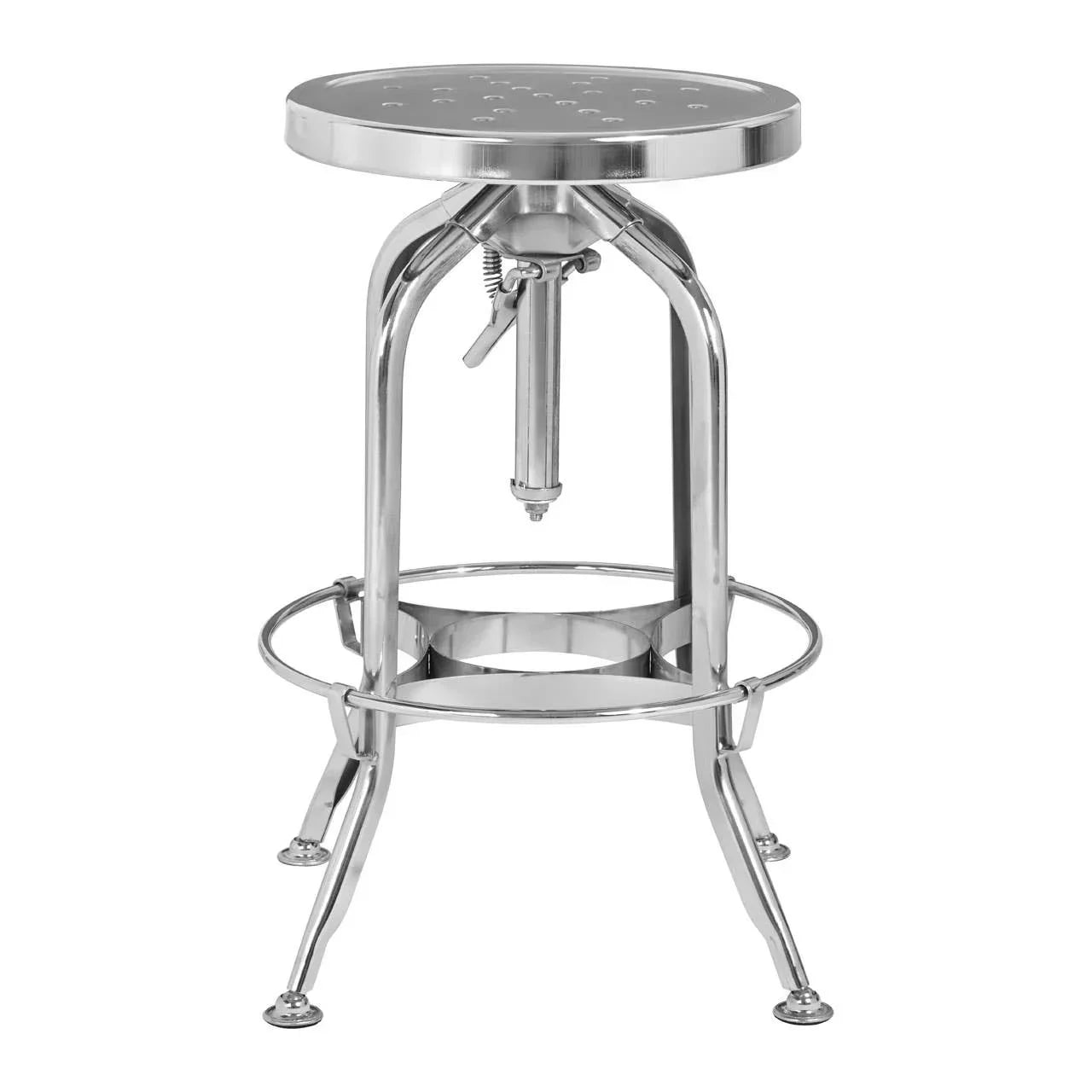 Stainless steel adjustable bar stool with circular seat and footrest, industrial style