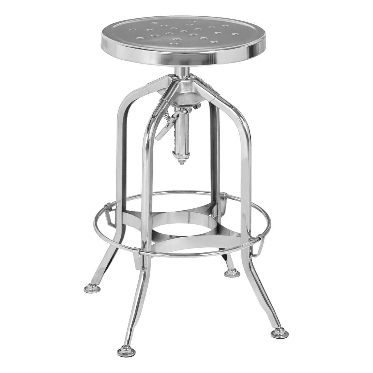 industrial chrome bar stool with adjustable height and round perforated metal seat