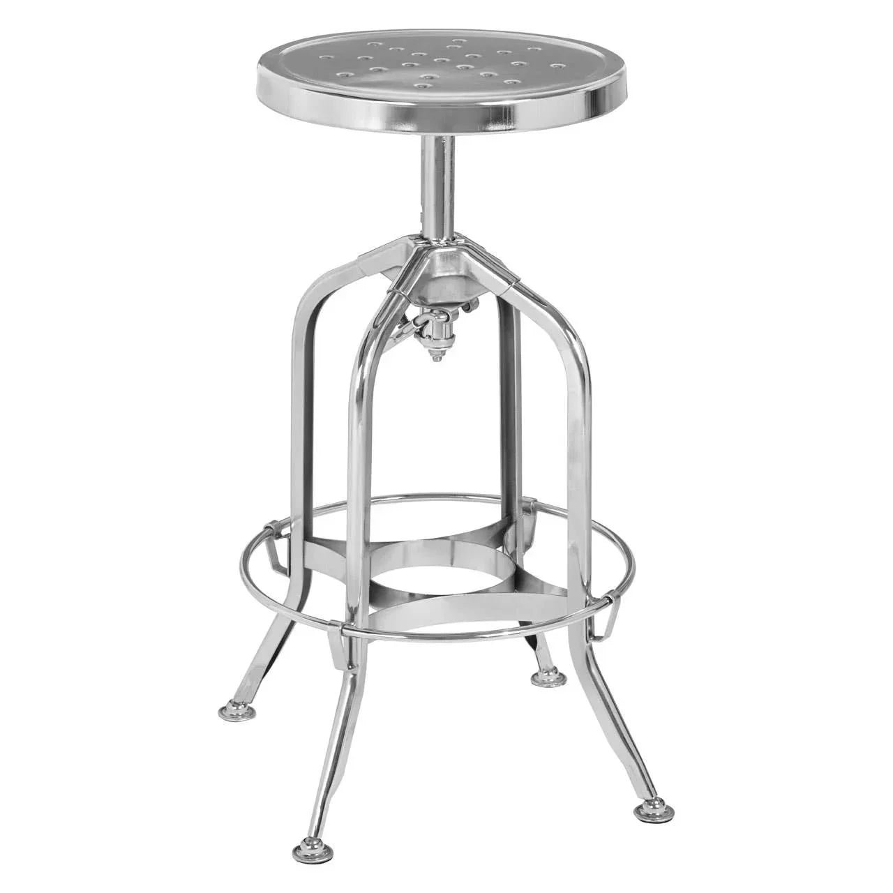 Industrial metal bar stool with round perforated seat and adjustable height