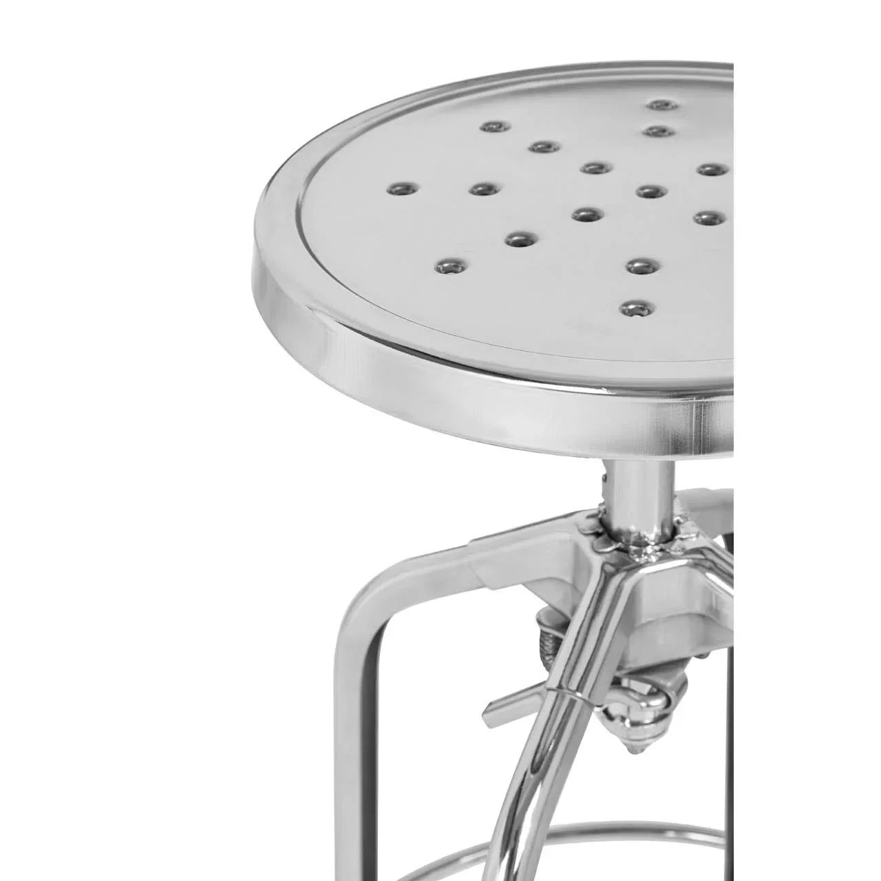 Closeup of round metal bar stool seat with perforated top and adjustable base