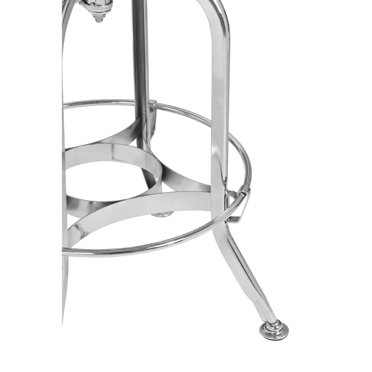 Chrome bar stool base with footrest and circular metal supports, close-up angle