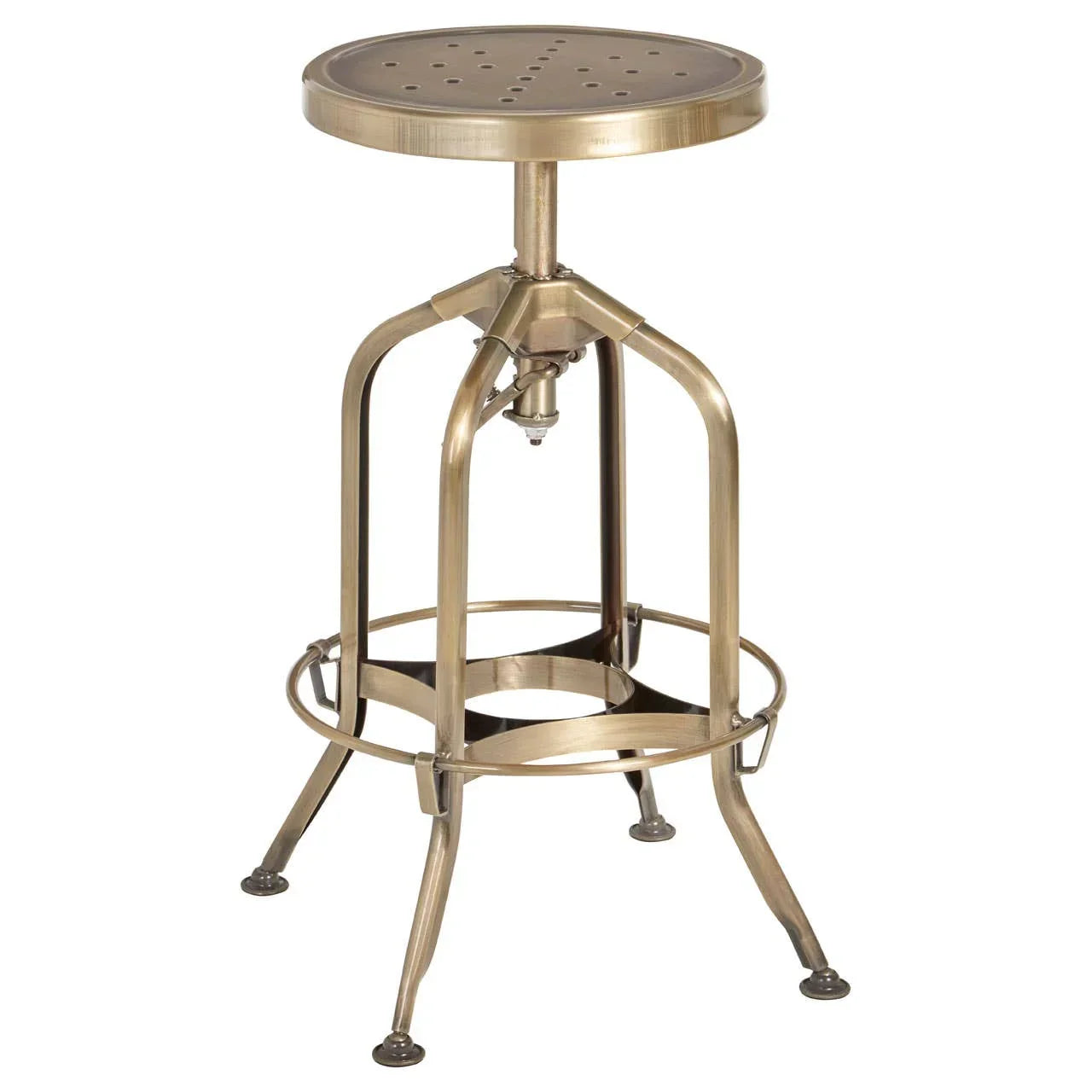 Brass metal bar stool with round perforated seat and industrial style base