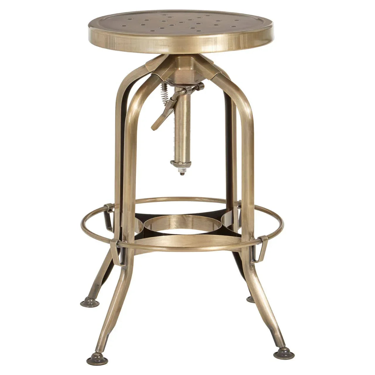 Adjustable brass metal bar stool with round seat and industrial base
