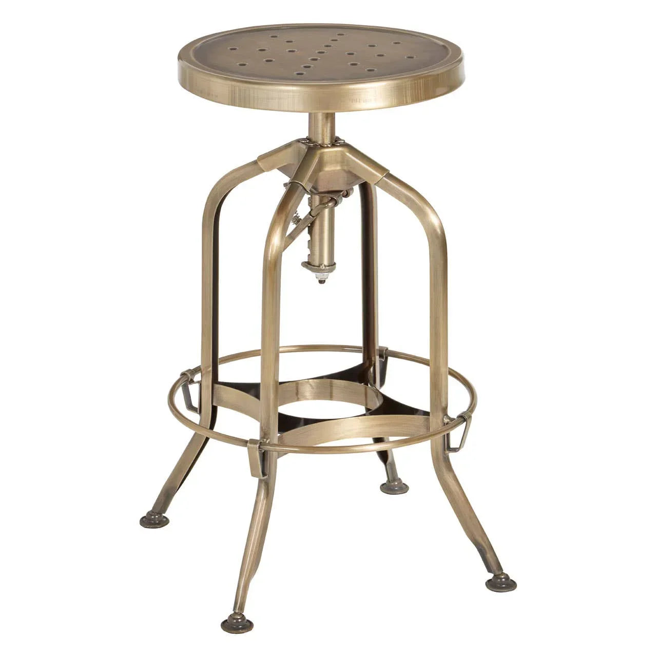 Brass metal bar stool with round perforated seat and industrial frame