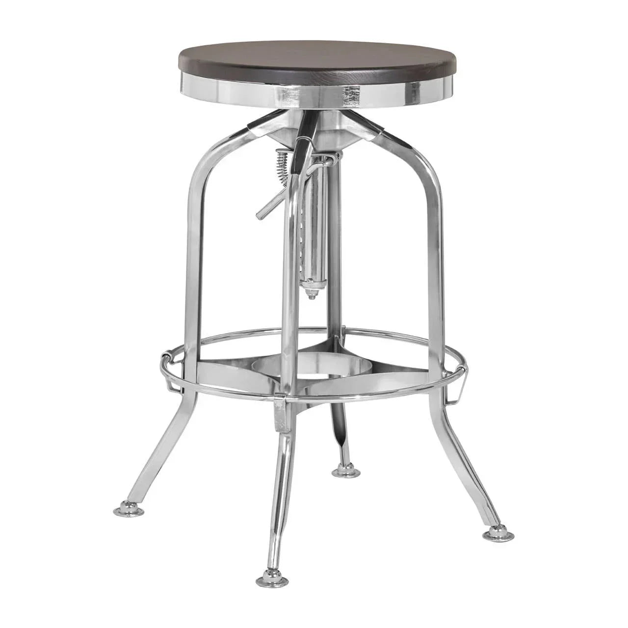 Adjustable bar stool with round wooden seat and chrome metal frame on white background