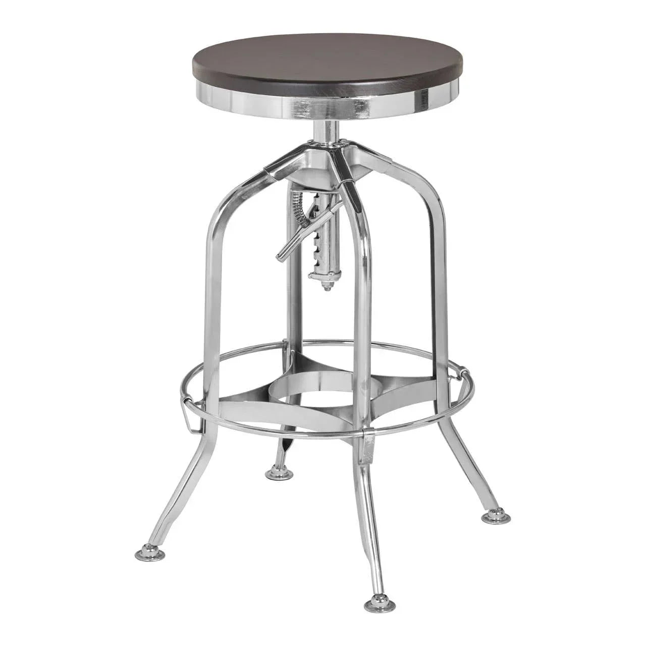 Industrial bar stool with dark wood seat and chrome metal base on white background