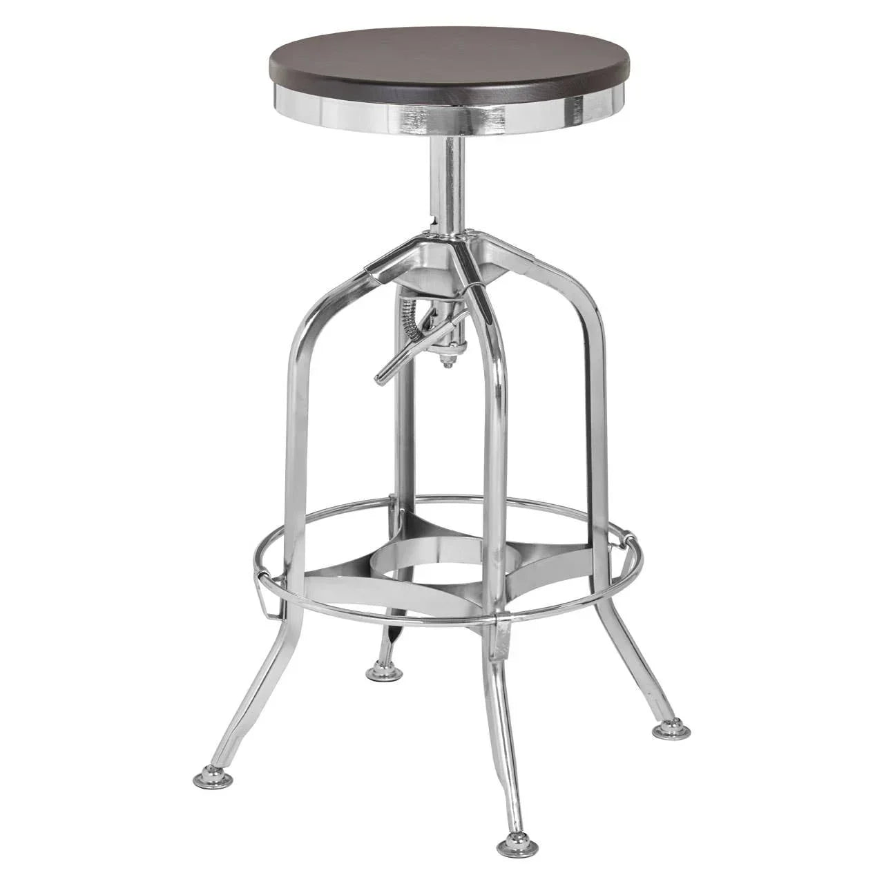 Industrial bar stool with metal frame and dark wood seat, adjustable height design