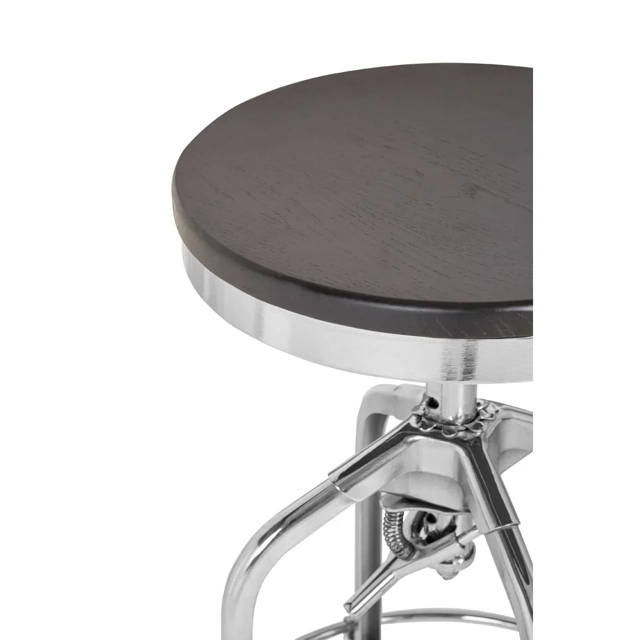 Dark wooden bar stool seat with chrome metal frame and adjustable mechanism close-up