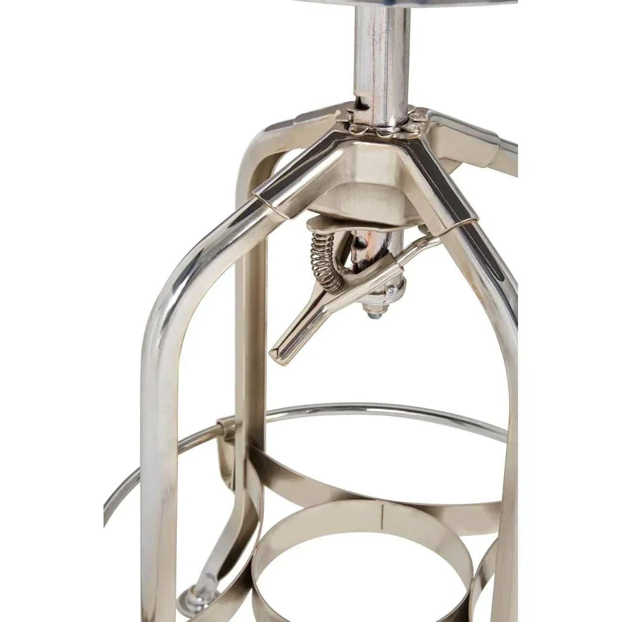 Close-up of chrome metal bar stool base with adjustable swivel mechanism