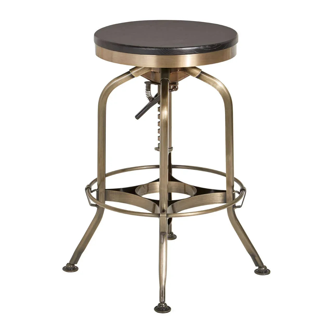 Industrial bar stool with round dark wooden seat and metal frame