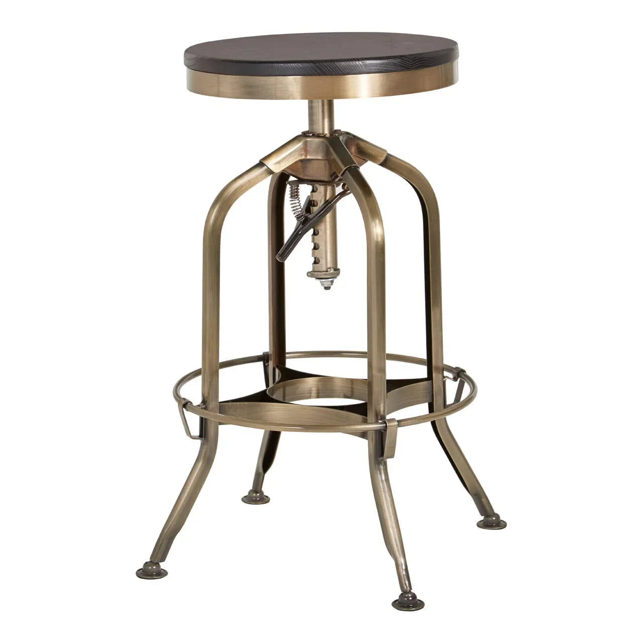 Industrial bar stool with metal legs and round dark wood seat, side view