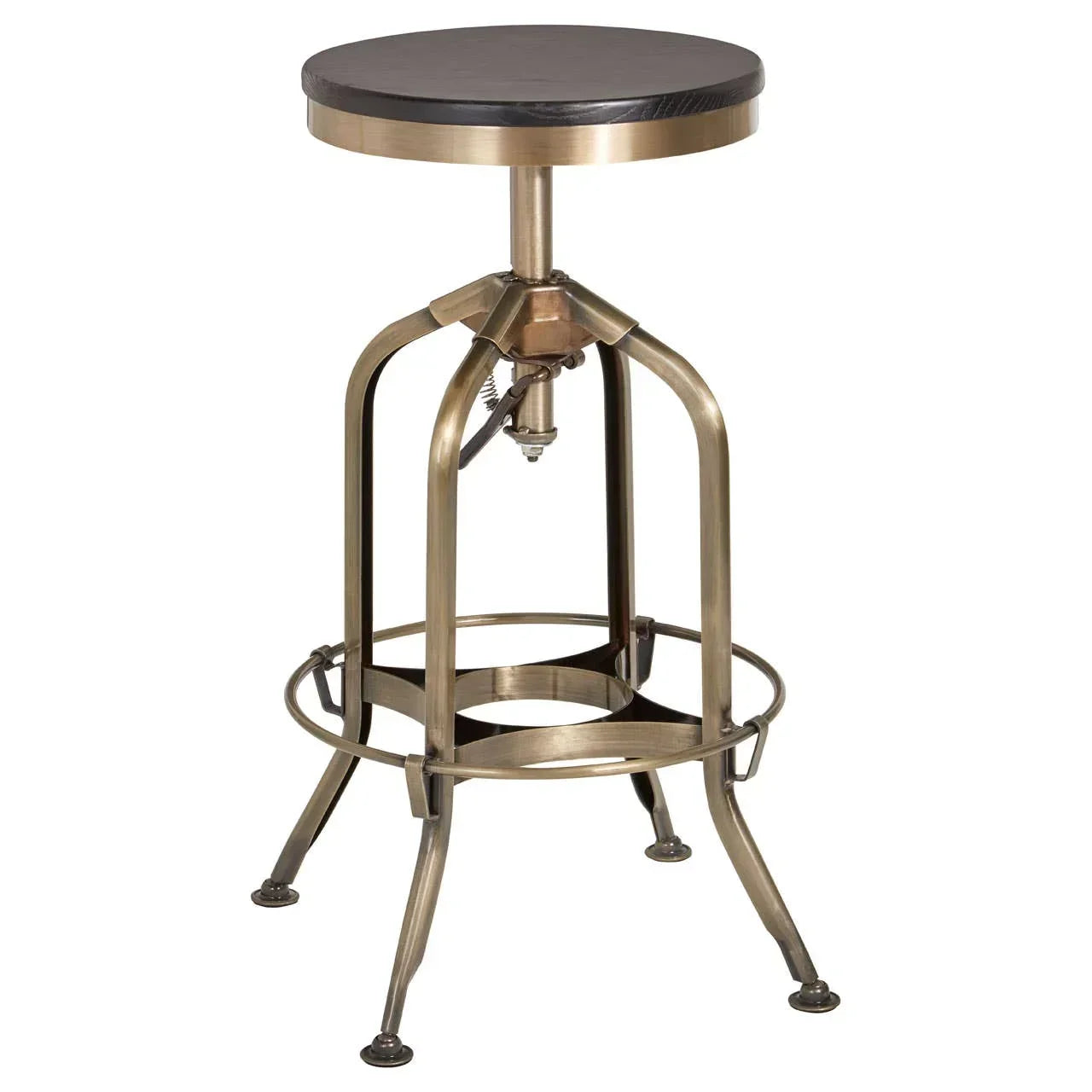 Industrial bar stool with black wooden seat and metal frame, adjustable height design
