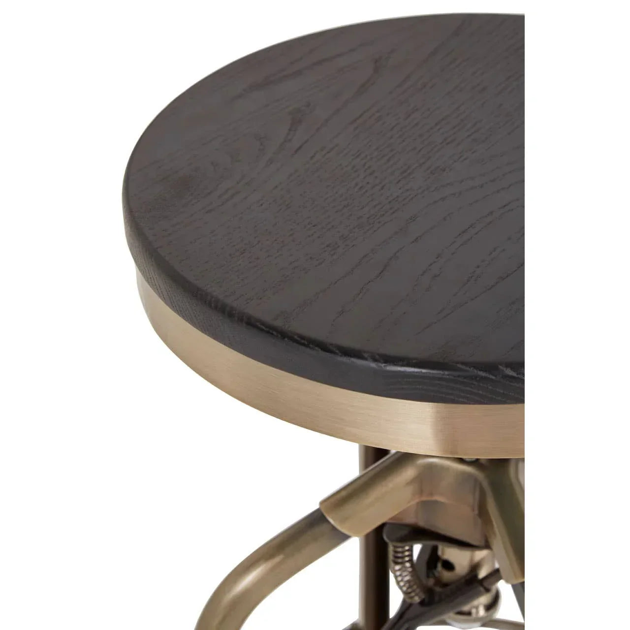 Round wooden stool seat with dark finish and brushed metal frame closeup