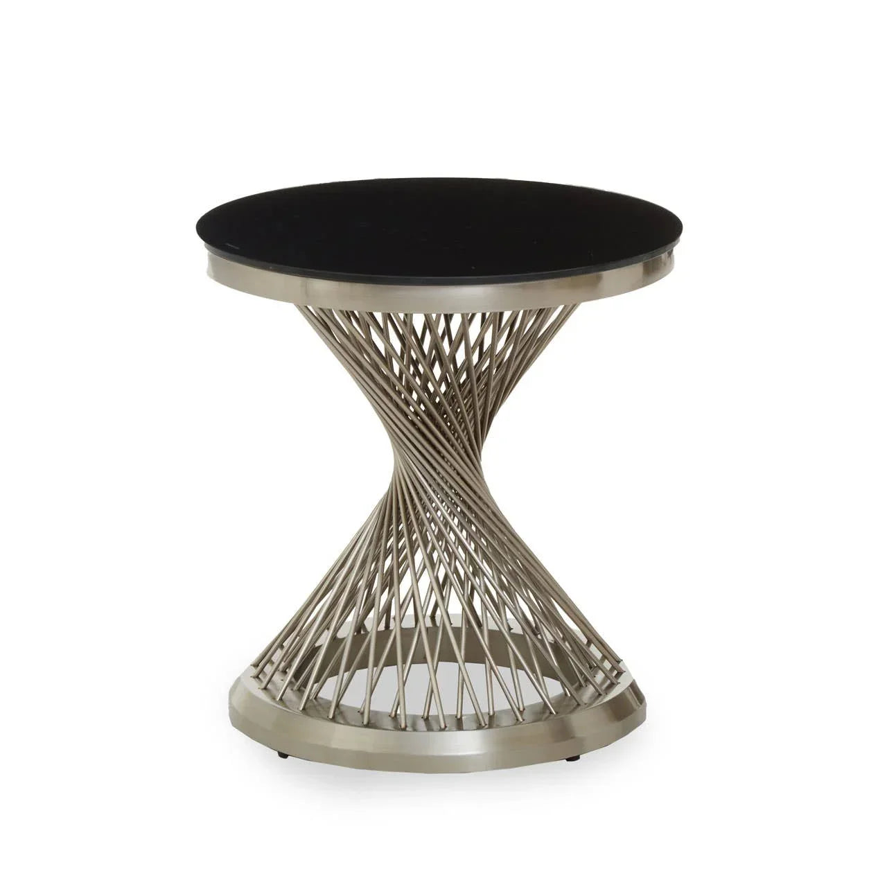 Round side table with black glass top and silver twisted metal base