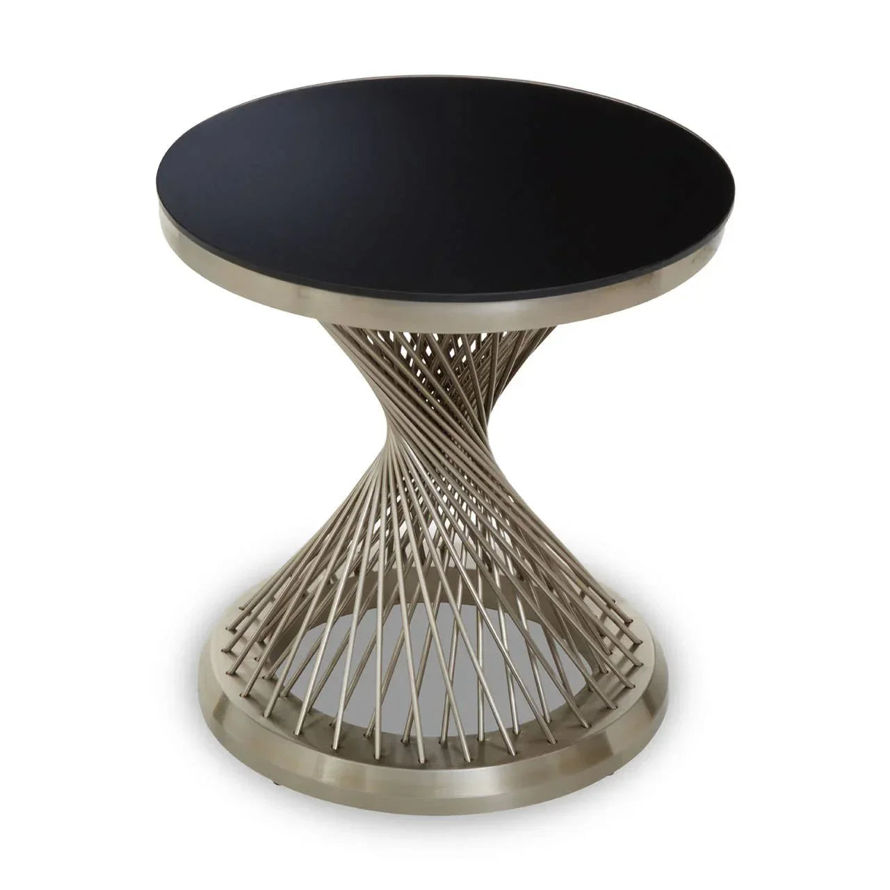 Round side table with black top and twisted silver metal base