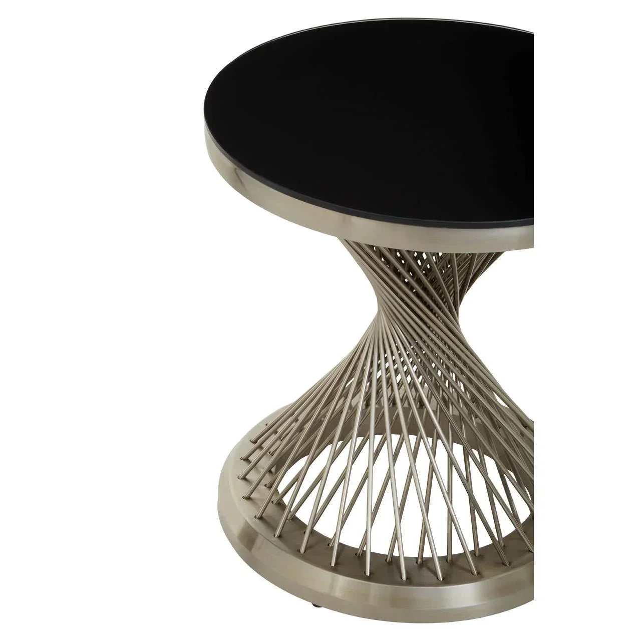 Round side table with black glass top and twisted metal base