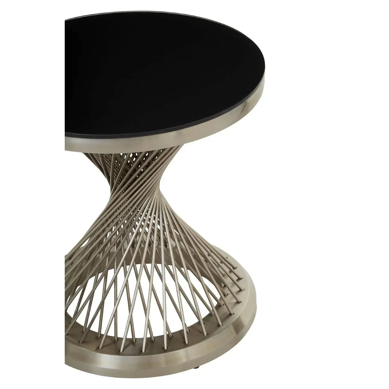 Modern round side table with black glass top and twisted stainless steel base