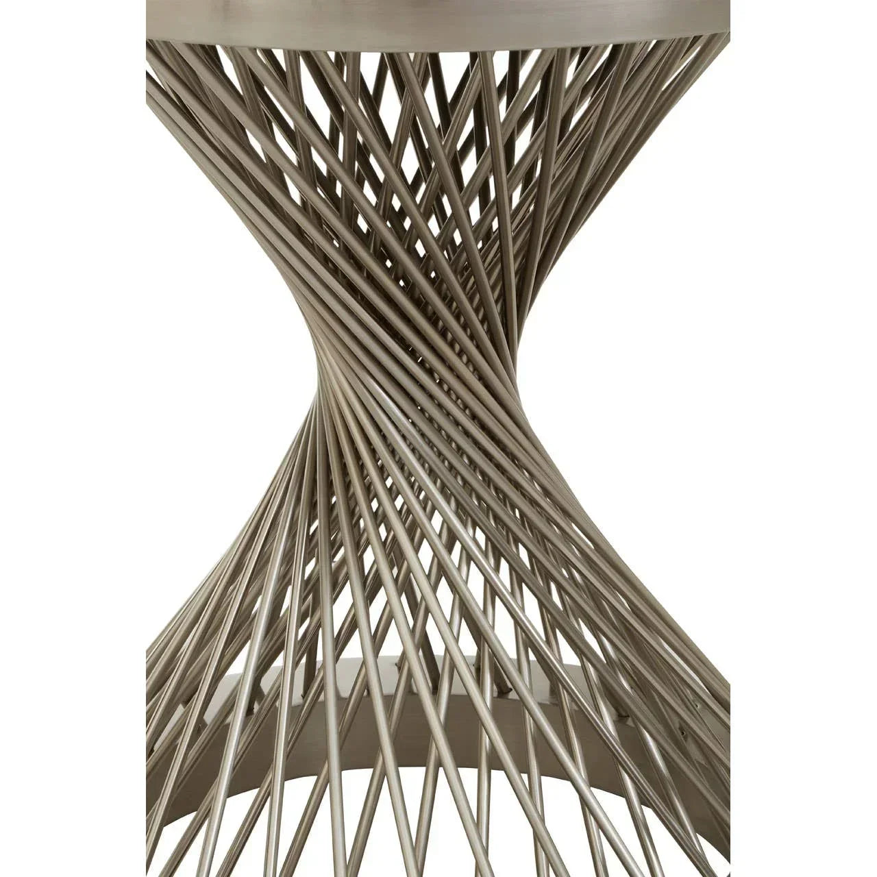 Round side table with twisted metal base in brushed nickel finish, close-up view