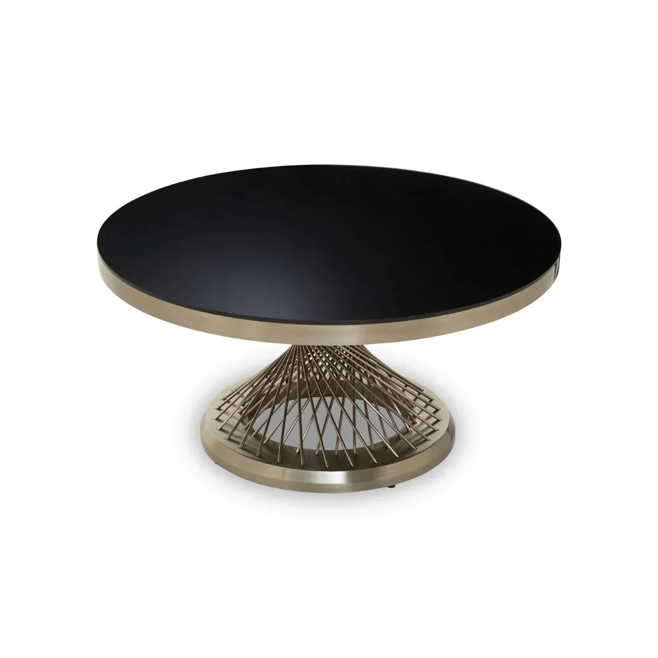 Round coffee table with black top and gold metal wire base