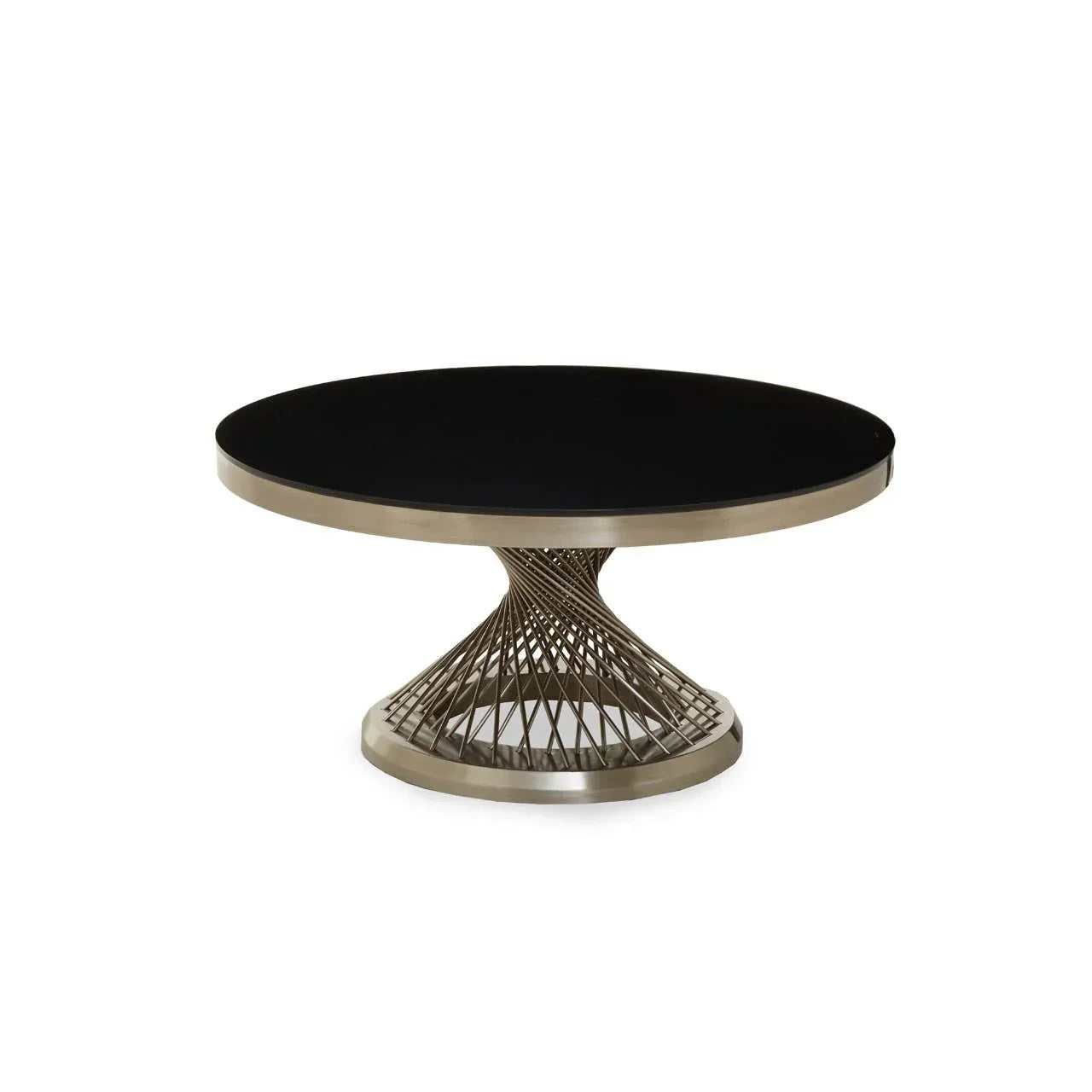Round black glass coffee table with geometric silver metal base on white background