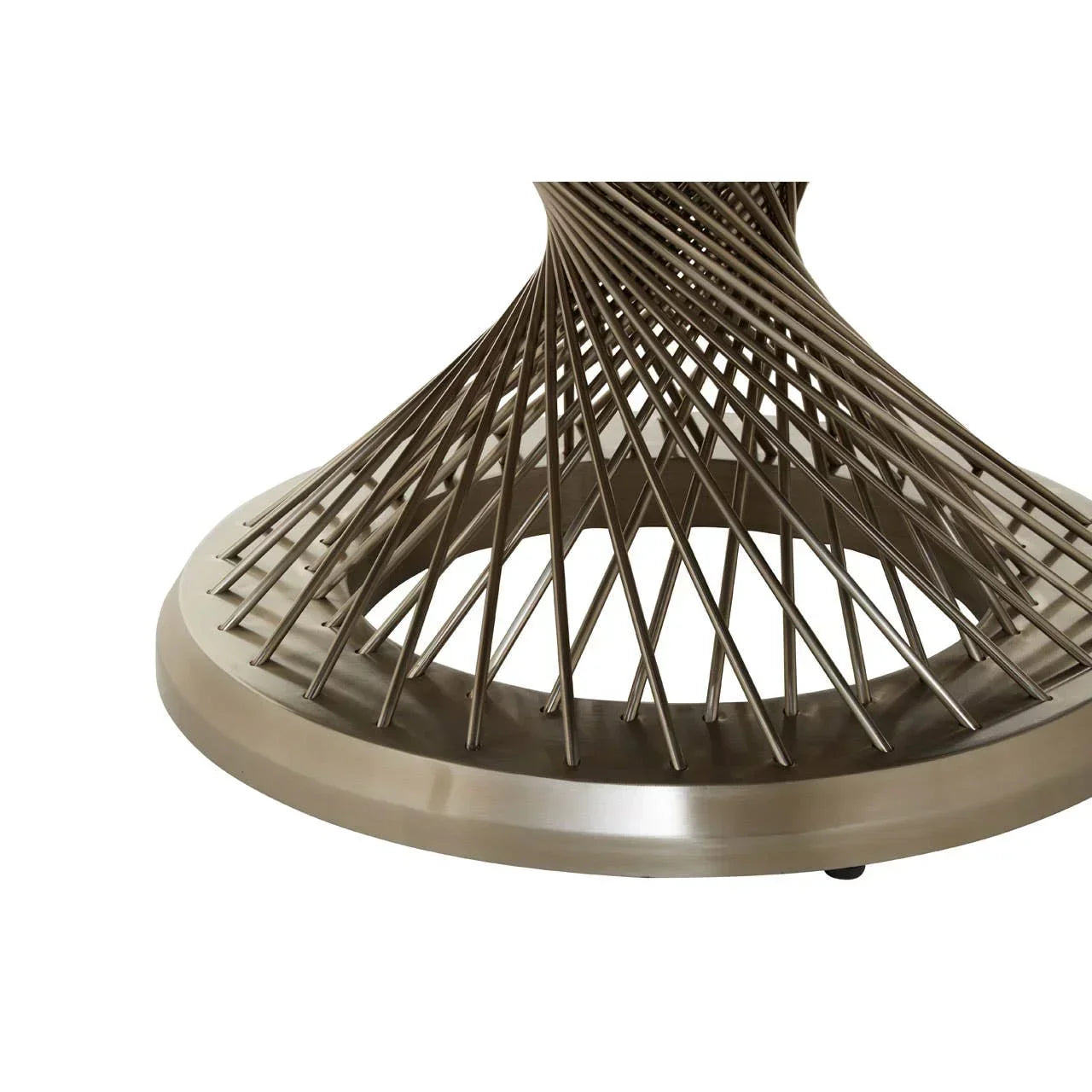 Brushed metal table base with spiral rod design and circular frame, modern furniture detail