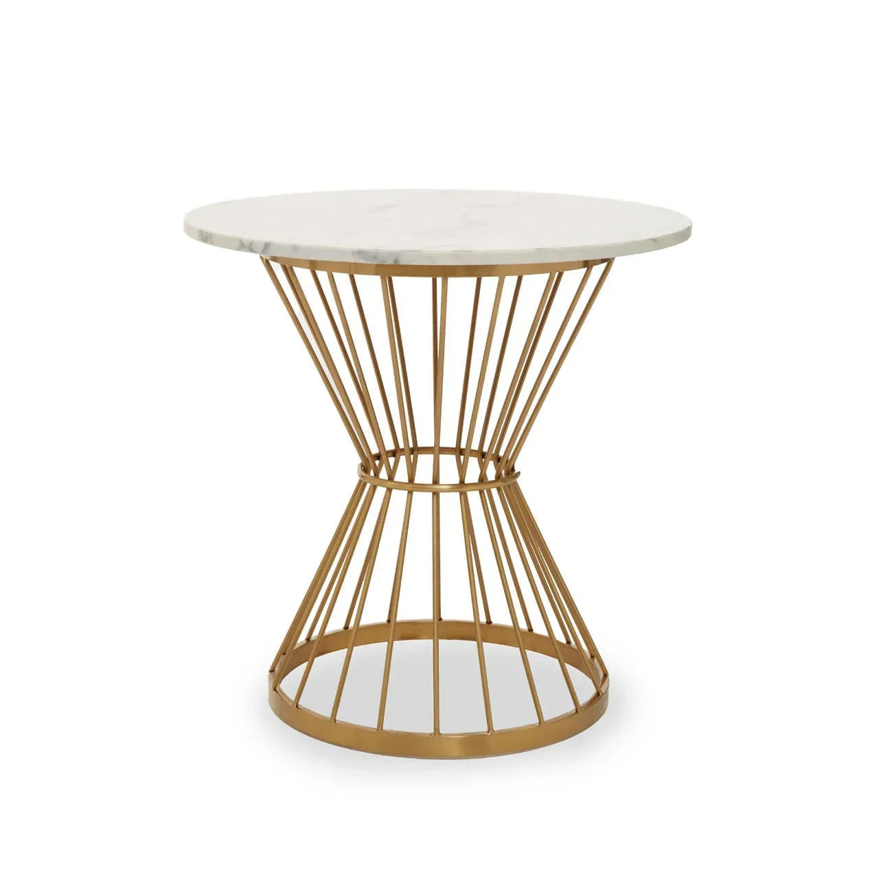 Round marble top side table with gold metal wire base on white background